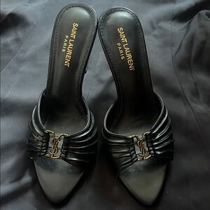 Saint Laurent Black Leather Mules with Gold Accent